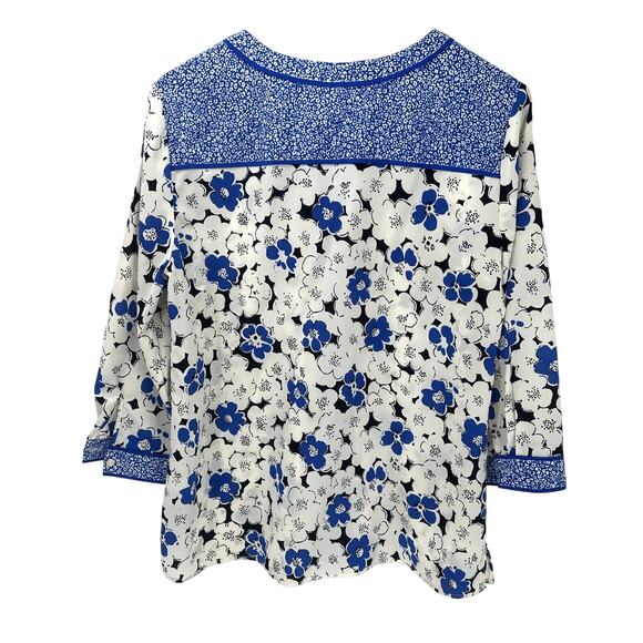 Talbots Blouse Womens Large Floral Pullover V-Neck 3/4 Sleeves Blue White Shirt - Picture 4 of 6